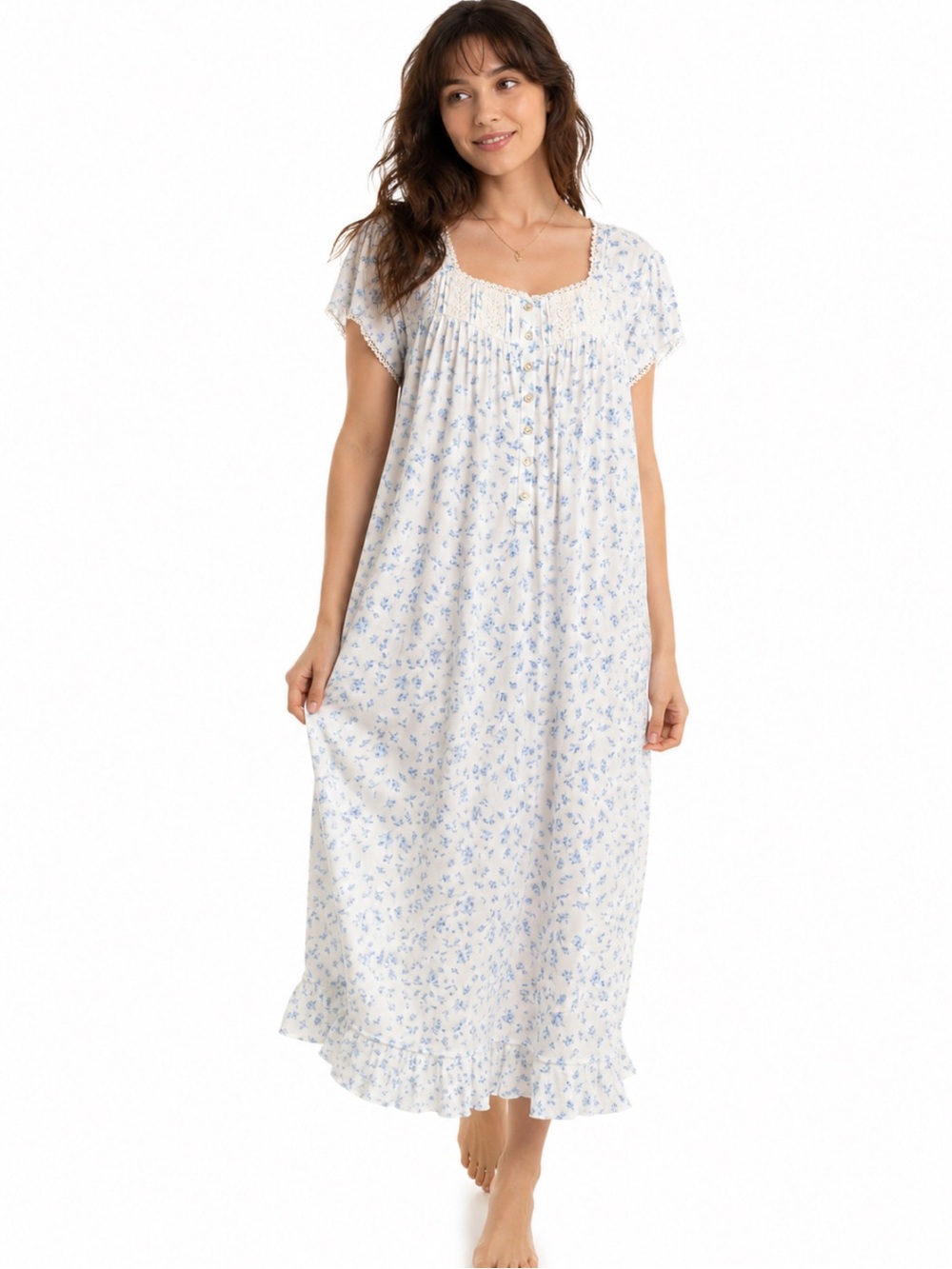 Eileen West White Nightgown with Blue Floral Print Size Large